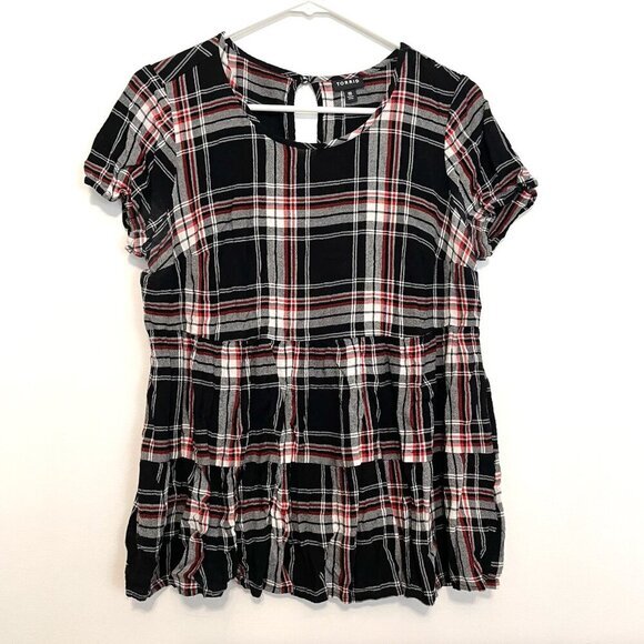 TORRID 00 Plus Size Black Red Plaid Shirred Hem Top Short Sleeve Babydoll 10 M L - Picture 2 of 14